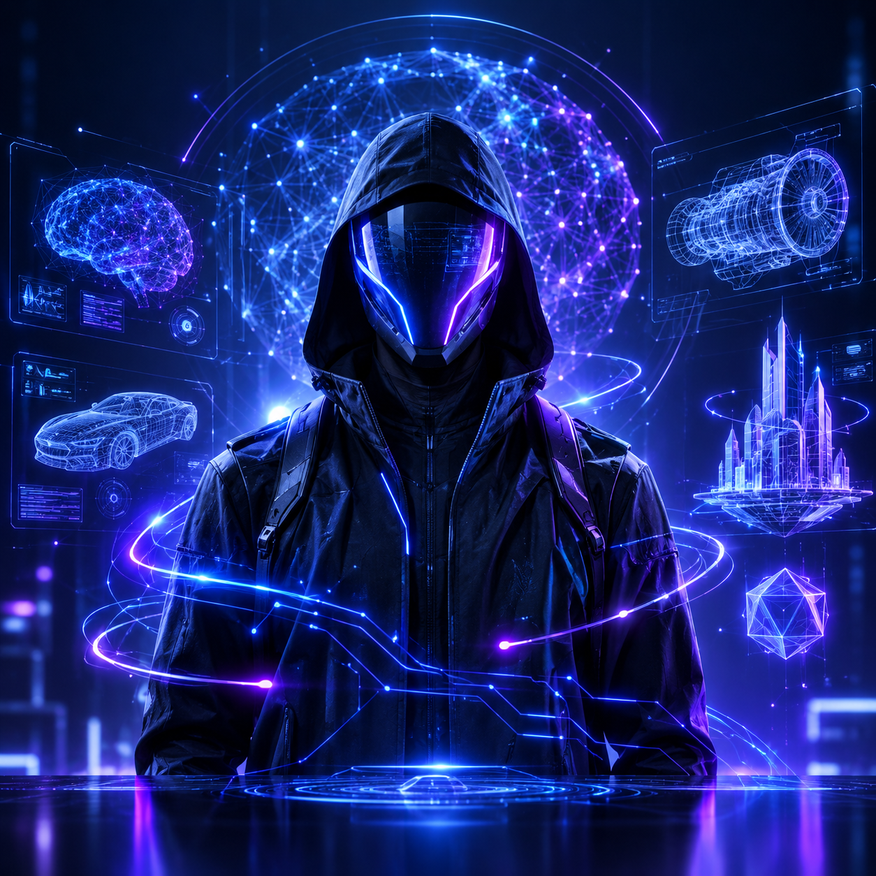 A futuristic portrait showcasing a young man in blue lighting. Modern and conceptual.